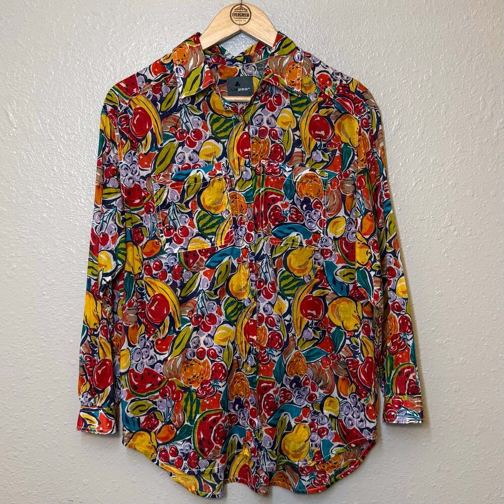 VTG LizWear Fruit All Over Print Button Front Shirt 100% Cotton Petite Medium - Picture 8 of 9